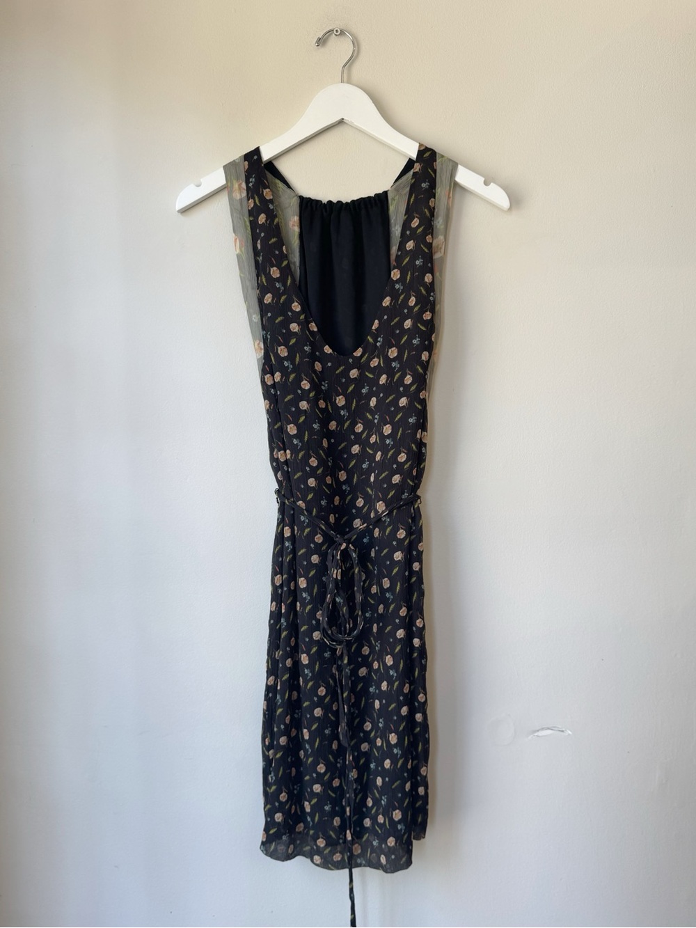Black Silk Plisse Floral Print Midi Dress